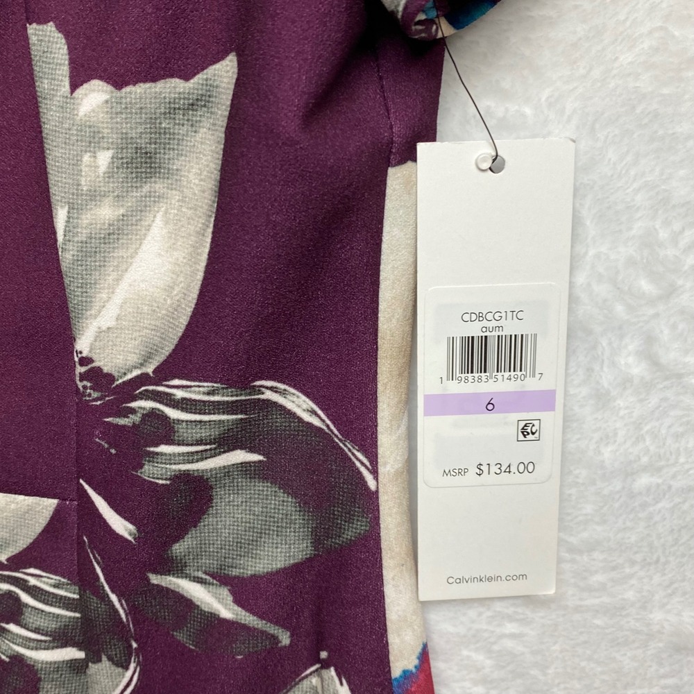 Calvin Klein $134 Plum Floral Petal Sleeve Midi Dress CD8CG1TC Size 6 NWT - Picture 8 of 8